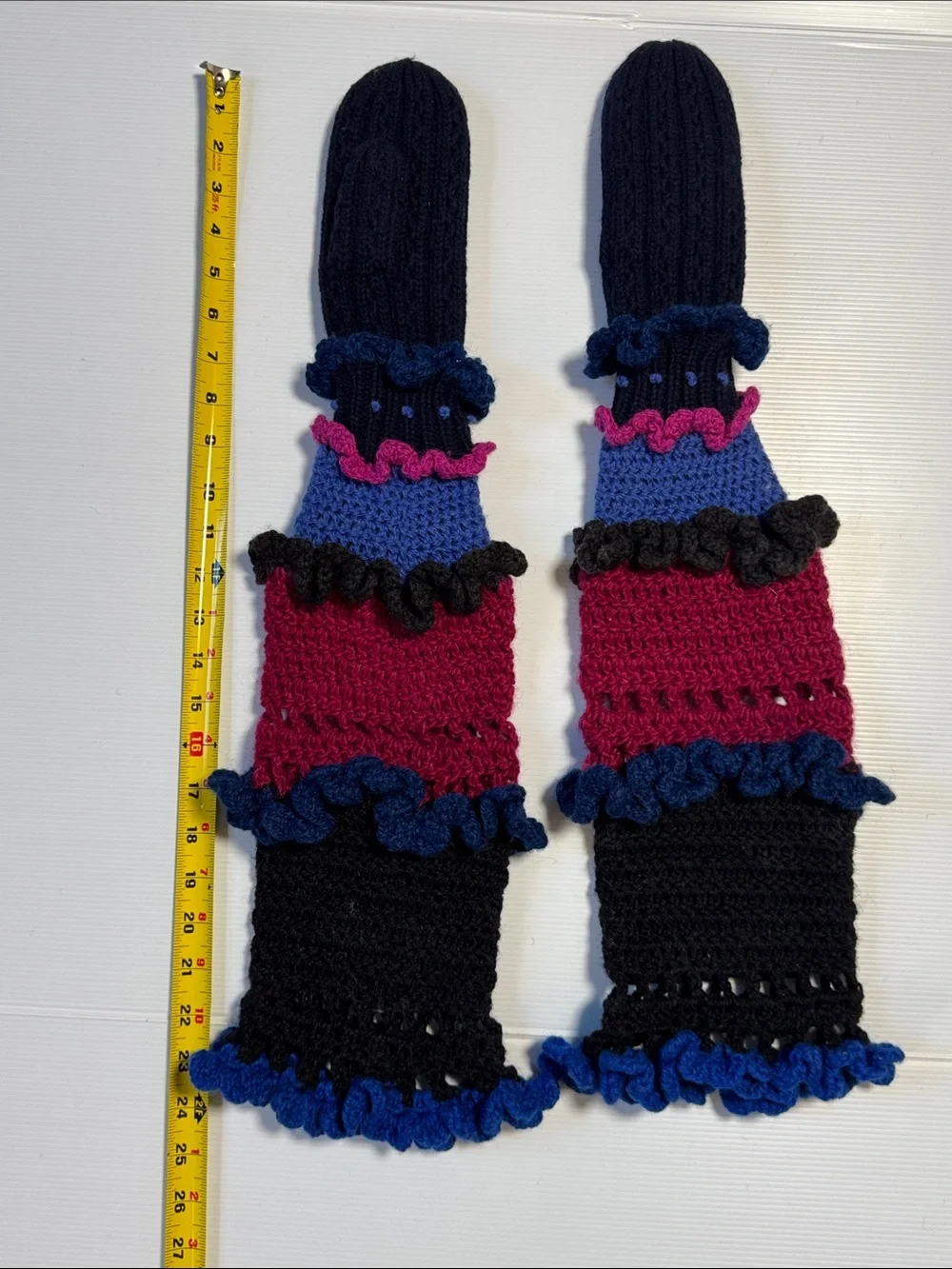 Handmade Mittens Ruffled Crochet Above Elbow Arm Warmers Black Blue Fuchsia